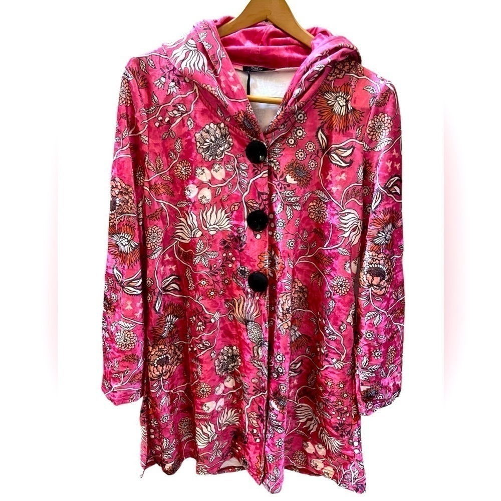 Vintage style retro pink hoodie light velour jacket pullover floral Large NWT